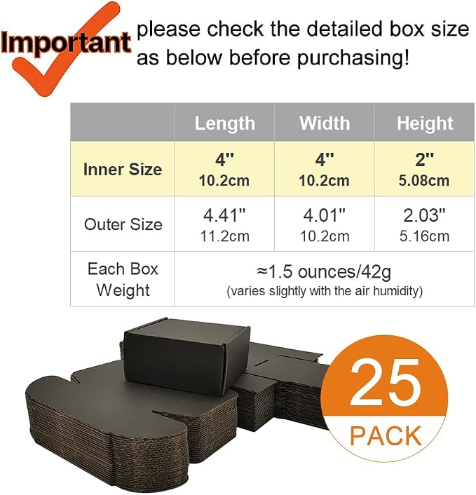 4x4x2'' Small Shipping Boxes 25 Pack, Black Corrugated Cardboard Mailers for Small Business (CM442B25)