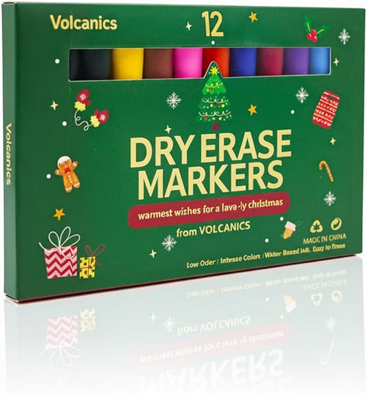 Volcanics Magnetic Dry Erase Markers Colored Set of 12 – Christmas Edition Whiteboard Markers with Erasers & Magnetic Caps, Perfect Stocking Stuffer for Teachers & Office