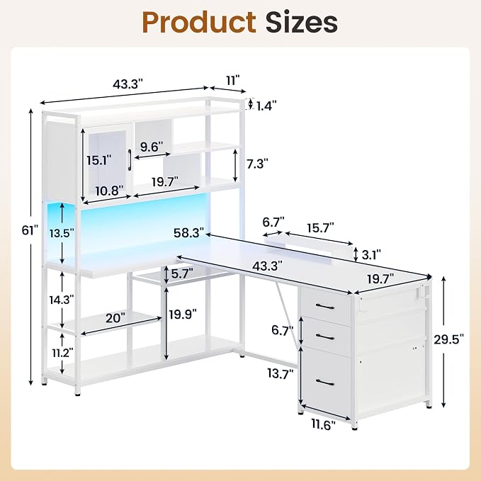 SEDETA 58'' L Shaped Computer Office Desk with 3 Drawers and Bookshelf | L Shaped Corner Desk with Storage Shelves and LED Light for Home Office, Gaming, Small Space, White