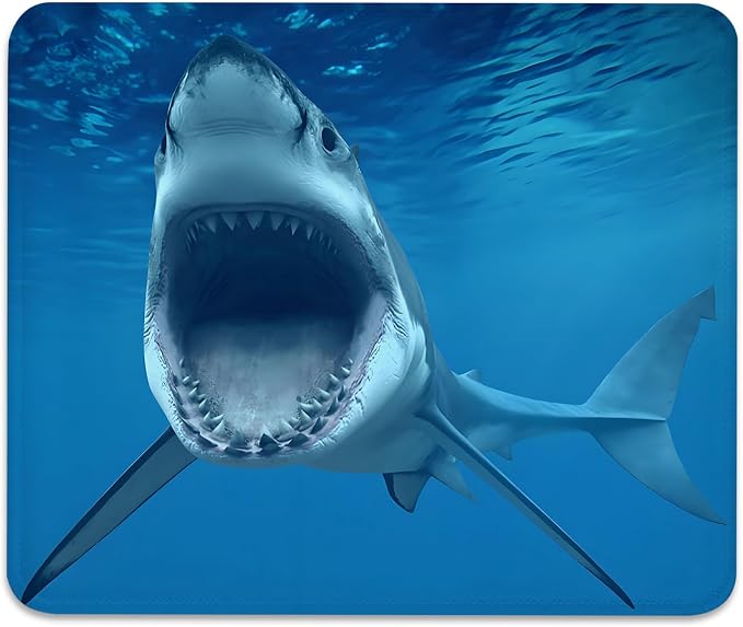 Great White Shark Mouse Pad, Blue Ocean Fish Durable Desk Mat | Cute Mousepad Stitched, Anti-Slip Base Smooth Surface, 9.5 x 7.9 Inches