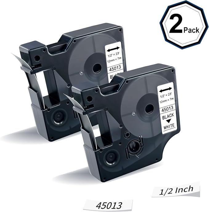 2-Pack 45013 S0720530 Compatible with DYMO D1 Label Tape 1/2" x23' | Black on White label maker refilll Compatible with d1 LabelManager 160 280 210D 360D 420P 260P Easy Peel No Residue