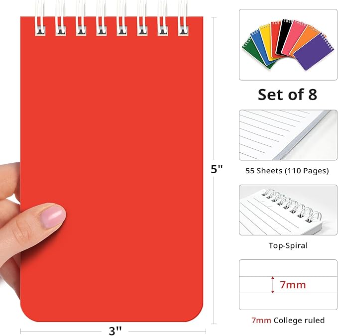 Taja Pocket Small Notebook 3" x 5", Set of 8 Mini Little Spiral Notebook, Nursing Notepad, Perfect for Work, School, Office, Nurse, Travel - Bright