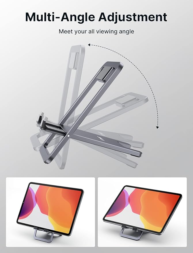JSAUX Universal Tablet Stand, Portable Foldable Tablet Holder for Desk Compatible with iPad mini/Air, Samsung Galaxy Tab, Kindle Fire, Steam Deck, Switch 2, ROG Ally, iPhone and Other Tablets-Gray
