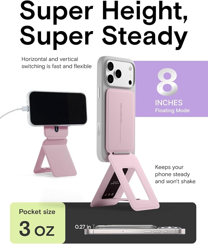 MOFT Phone Stand, Magnetic Phone Tripod Stand Stain-Resistant MOVAS Leather & Angle Adjustment & Strong Magnets Tripod for iPhone 17/16/15/14/13/12 (Included Metal Ring)-Blush