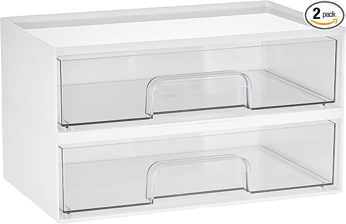 Vtopmart White Stackable Storage Drawers, 2 Pack Wide Organizers | Pull-Out Drawers, Stackable Design for Makeup Palettes, Cosmetics, Beauty Supplies, Vanity, Cabinet and Desk