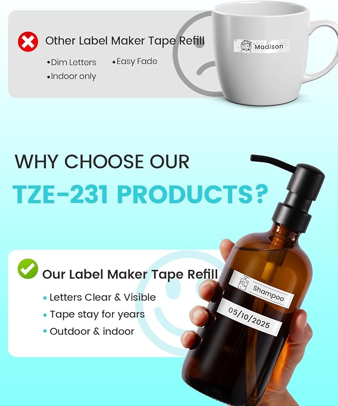 Label Maker Tape Refill Tze TZ Tape 12mm 0.47 Laminated White Compatible with Brother 12mm .47 Laminated White Tz Tape TZe-231 TZ-231 for PT-D200 D210 D220 H110 D410 P710BT 1750 1180 1880 2040, 4-Pack