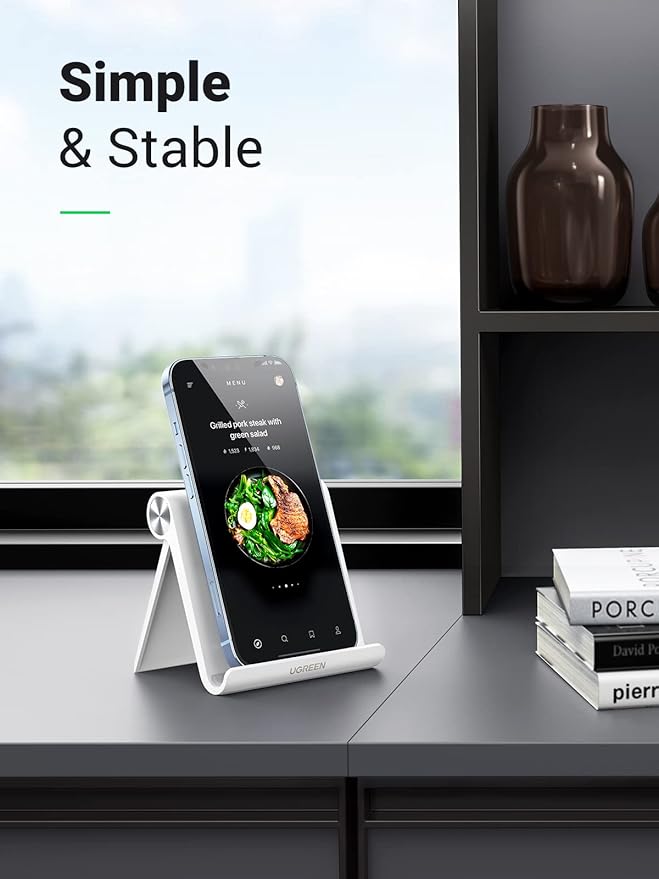 UGREEN Cell Phone Stand for Desk Phone Holder Foldable Portable Adjustable Compatible with iPhone 17 Air 16 15 14 13 Pro Max, iPhone 12 11 Plus SE XS XR 8 7, Office Desk Travel Accessories, White