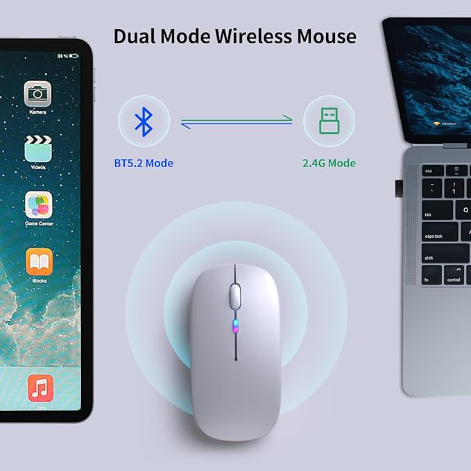 Wireless Bluetooth Mouse – Rechargeable, Silent, Dual Mode (Bluetooth 5.2 & USB) with LED Lights – Portable for Laptop, Desktop, & Tablet(Silver)