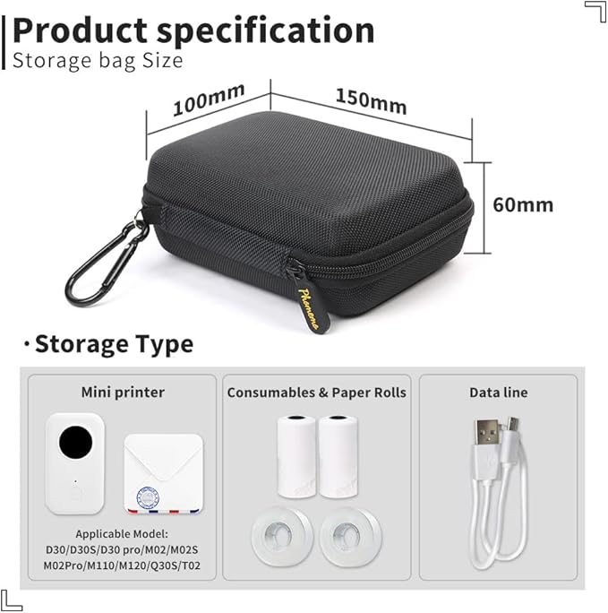 Phomemo Hard Carry Label Printer Case- Mini Label Maker Cover D30/P21/M110/M02/T02 Bluetooth Label Maker, Black