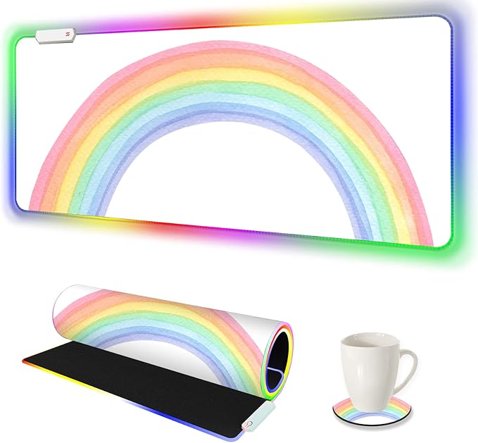 AIMSA RGB Gaming Mouse Pad Large, Keyboard Mousepad Led Extended 35.4 x 15.8 inch Non-Slip Rubber Base with 14 Lighting Modes, Big Desk Mat Waterproof, White Rainbow