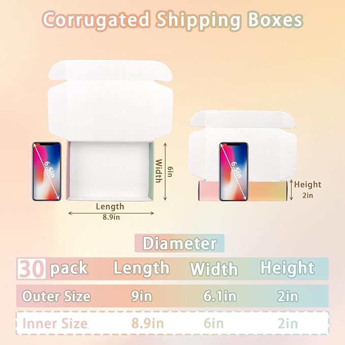 30 Pack 9x6x2 Colorful Shipping Boxes Medium, Mailing Cardboard Boxes for Packaging Small Business
