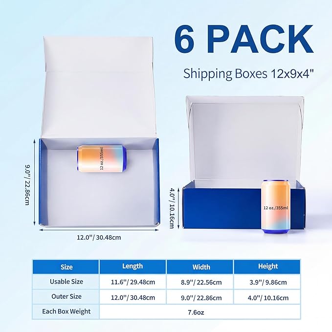 12x9x4 inch Shipping Boxes Set of 6 Blue, Inner Size 11.6x8.6x3.6 inch Cardboard Box Mailers for Small Business Packaging Mailing or Gift Wrapping Giving