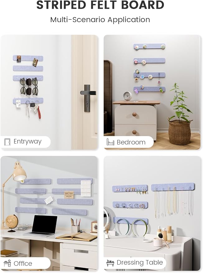 Fluxynara 13" x 2" Felt Wall Panels, Soft Periwinkle | 8-Pack Includes 50 Push Pins and Adhesive Tabs for Photos, Notes and Decor in Bedroom Doors, Home Office or Studios