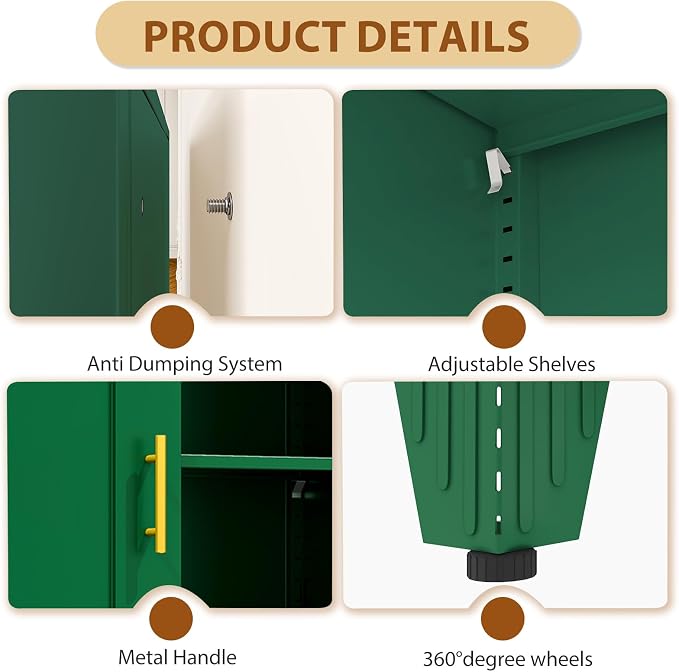 36" Metal File Garage Storage Cabinet with Lock,Lockable Office File Cabinet with 2 Doors and 2 Adjustable Shelves,Outdoor Steel Locker Organizer for Home Office,Gym,School,Warehouse(Green)