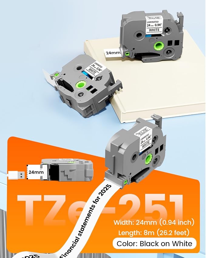 TZe-251 TZe251 Replacement for Brother P Touch TZe TZ Label Maker Tape 24mm | 0.94 Inch Laminated White Label Tape, Compatible with Brother PT-D600 PT-D610BT PT-P700 PT-P710BT PT-P910BT, 1 Inch, 5-Pack