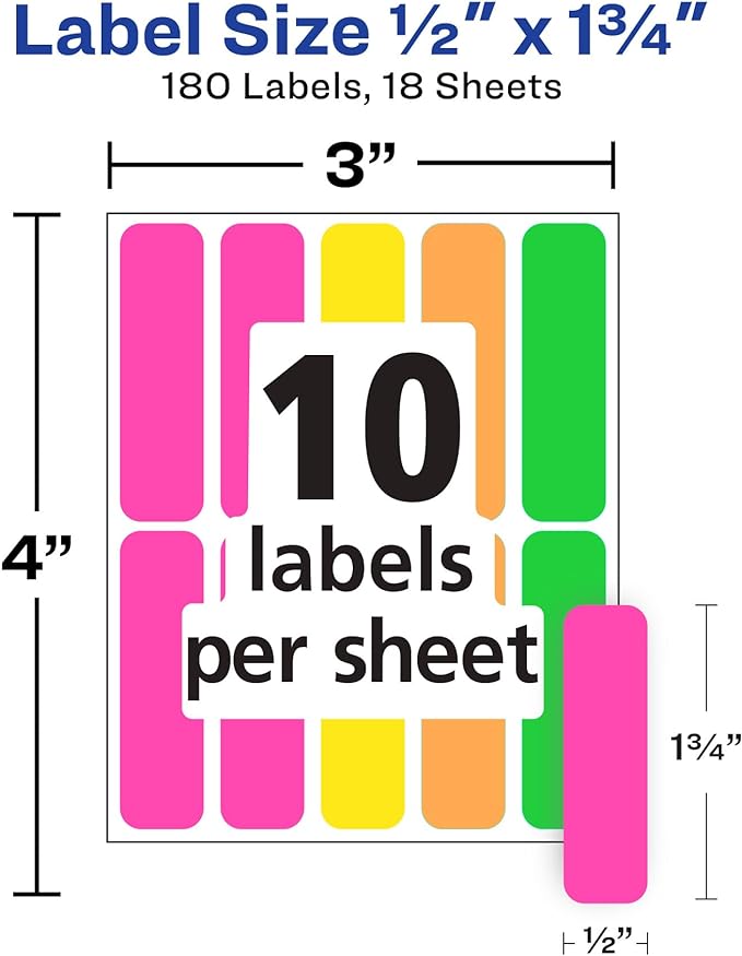 Avery® Color-Coding Removable Labels, 1/2" x 1-3/4", Assorted Neon Colors, Non-Printable, 180 Blank Labels Total (6724)