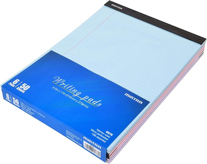Mintra Office Colorful Legal Pads - Includes 2 Blue, 2 Pink, and, 2 Green Writing Pads, Micro Perforated Lined Sheets, Ideal for Professional & Personal Use, 8.5"x11" Narrow Ruled, 6 pack Basic Pastel