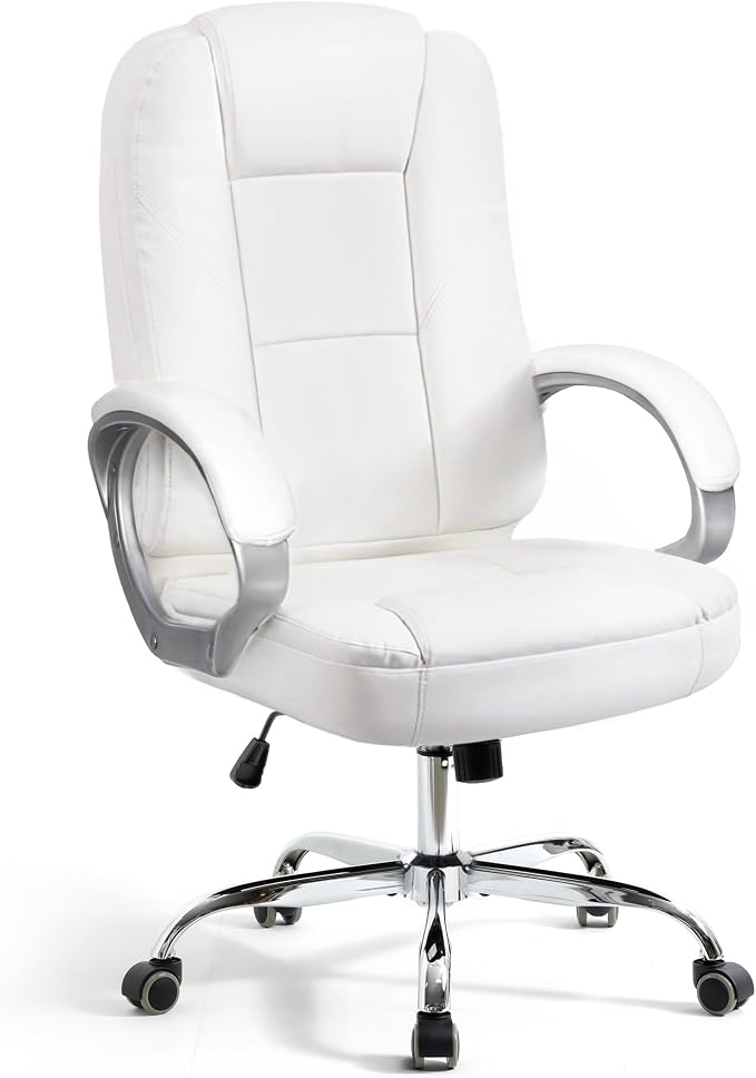 NEO CHAIR Office Desk Chair PU Leather Chair with Lumbar Support, All White | Ergonomic High Back Executive Computer Chair, Comfortable Padded Fixed Armrests Swivel Chair with Wheels for Office/Home