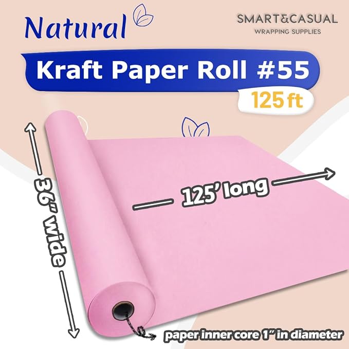 SMART&CASUAL 36" x 1,500" (125') Light Pink Kraft Craft Paper Roll for Gift Wrapping Bulletin Board Bouquet Flower Kids Art Packing Parcel Table Covering 80GSM 55LB (Light Pink, 36" x 125')