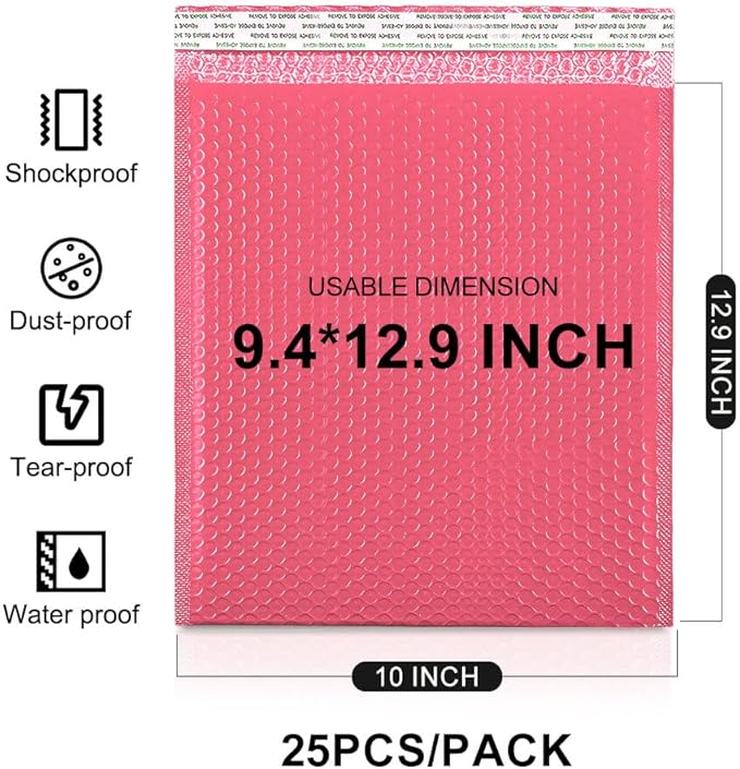 Koja 10 X 13” Padded Bubble Mailers 25-Pack. Quality Mailing and Shipping Envelopes and Bags with 10 X 12" Usable Size. Extra-thick Padding. Fast and Easy Self-seal Envelope. (Pink)
