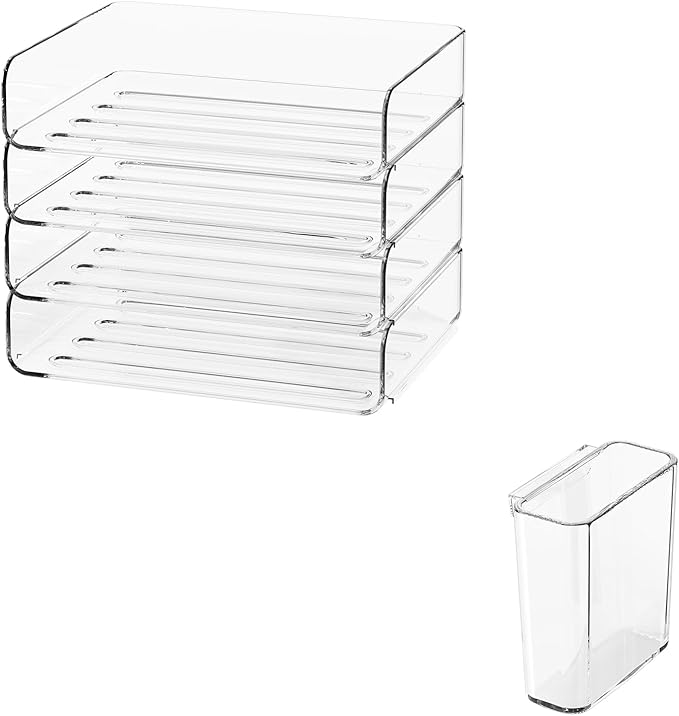 4-Tier Horizontal Acrylic Paper Tray Organizer with Pen Holder | Clear Stackable Desk Organizer for Documents, Letters, A4 Paper | Modern Office/Classroom/Home Organization