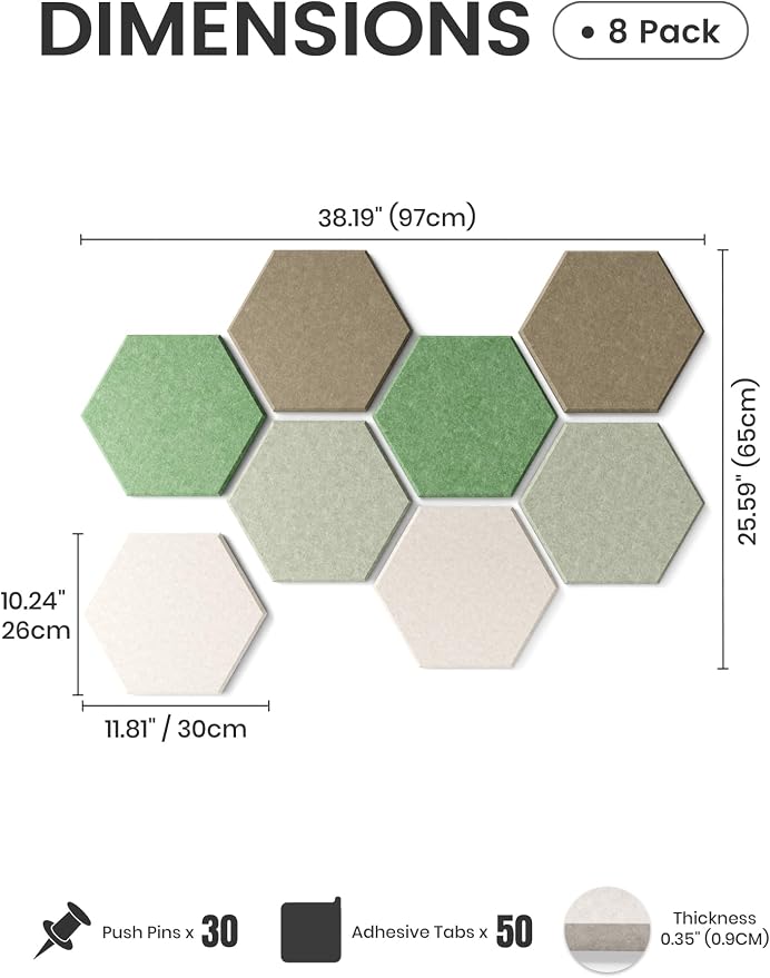 Fluxynara 8-Pack Hexagon Felt Bulletin Board Tiles, Moss Haven | Cork Board Alternative with 50 Adhesive Tabs for Notes, Photos and Reminders in Home Offices, Dorm and Classrooms
