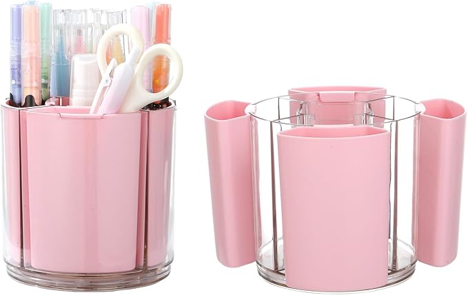 Comix 360° Rotating Pen Holder for Desk, Pencil Holder with 5 Slots, Cute Pink Plastic Desk Organizer for Home School Office Supplies