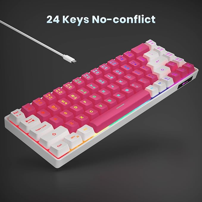 GEODMAER 65% Gaming Keyboard, LED Backlit Mini Wired Keyboard, Ultra-Compact Anti-Ghosting No-Conflict 68 Keys Membrane Gaming Wired Keyboard for PC Laptop Windows Gamer(Pink-White)