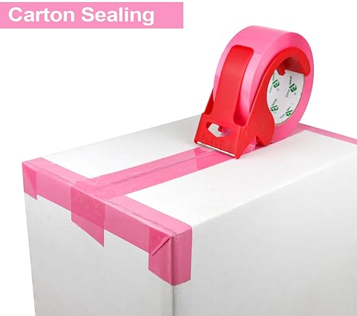 BOMEI PACK Pink Packing Tape with Dispenser, 2.4 Mil 1.88 Inch x 110 Yards, 3 Refills Rolls Color Box Tape for Moving, Shipping and Packaging