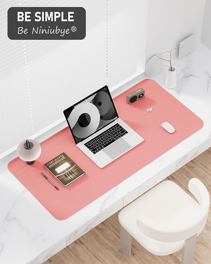 Desk Pad, 35.5" x 17" PU Leather Non-Slip Desk Mat Large Mouse Pad for Desktop, Waterproof Laptop Computer Writing Mat for Office, Home, Work, Gaming, Flower Pink