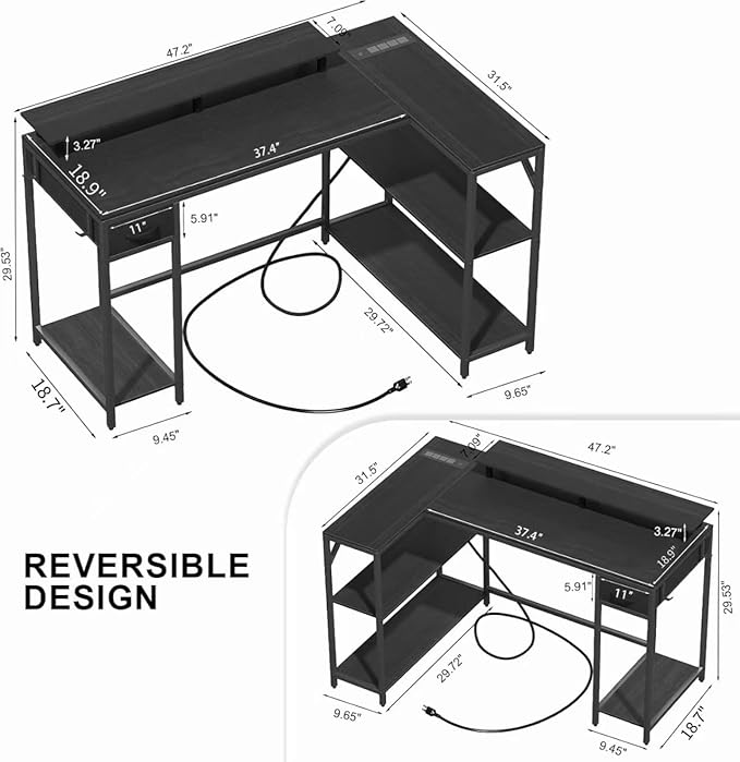 L Shaped Gaming Desk with Power Outlet & Led Light, 47 inch Reversible Computer Desk with Shelves, Hooks, and Drawer, Cornor Home Office Desk Table for Living Room, Bedroom, Black