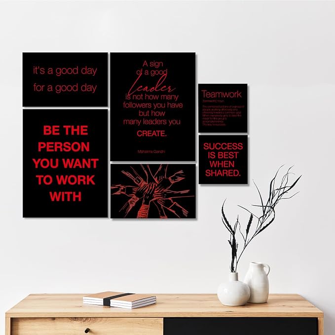 YEOION Inspirational Office Wall Art for Women,Motivational Teamwork Wall Decor for Office,Black and Red Postive Quote Workplace Canvas Wall Art for Set of 6