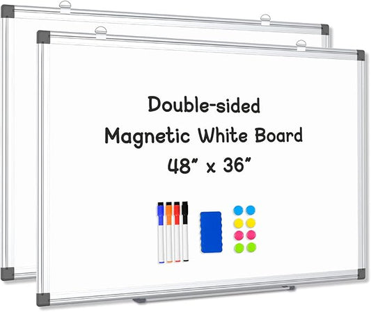 2 Pack Double-Sided Magnetic Whiteboard, 48" x 36" Dry Erase Board, Aluminum Frame White Board for Wall, Hanging Mounting White Board Dry Erase Marker Board for Office, School, Home