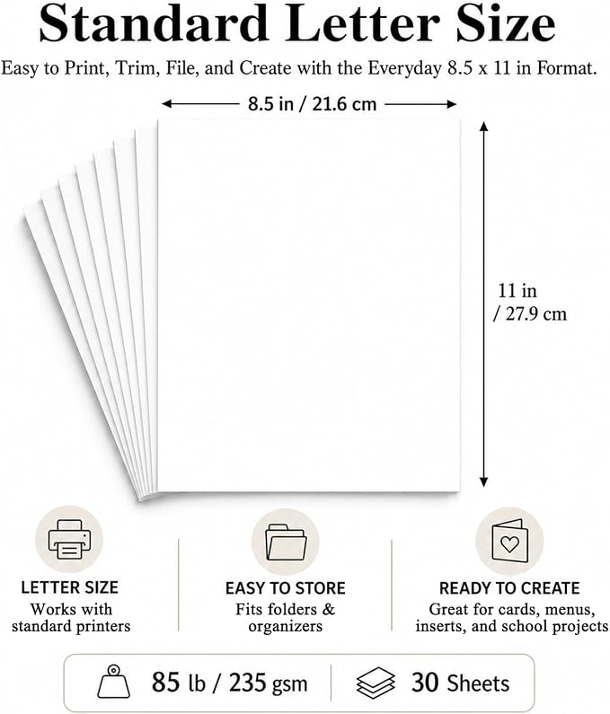 White Cardstock Paper, Card Stock Paper 8.5 x 11, 30 Sheets_85 lb | Cardstock Printer Paper 8.5" x 11", Smooth Matte Surface for Invitations, School Projects, Crafts & DIY Cards, 106 Brightness