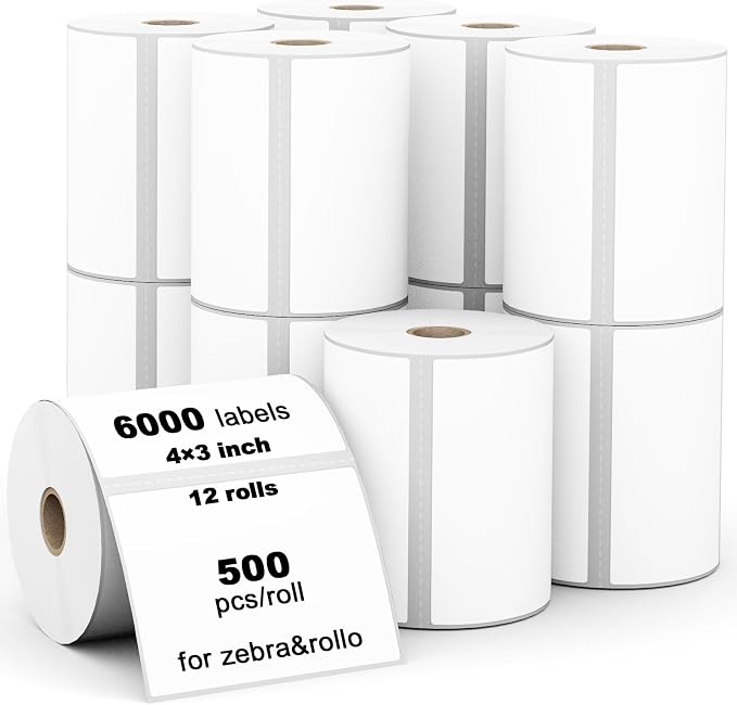 (6000 Labels 3-Proof 1" Core) Labelebal 12 Rolls 4" x 3" Direct Thermal Label (101mm x 76mm) Multipurpose Shipping Address Mailing Barcodes Stickers Compatible for Zebra & Rollo Desktop Label Printer