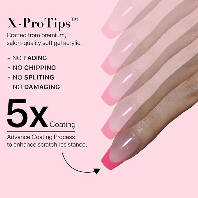 SXC Cosmetics French Tip Press On Nails 150 Pieces in 15 Sizes Ultra Fit with Pre-applied Tip Primer and Base Coat, No Need to File Fake Nails for Nail Art DIY X-Pro Tips (5PINK119-S Coffin)