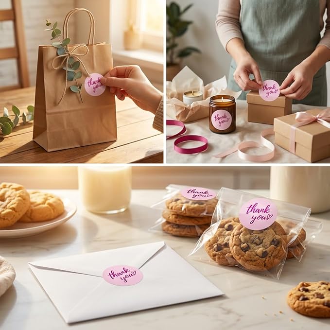 500 Pcs Thank You Stickers – 1.5” Pink Round Labels with Purple Hot Stamping Foil Script & Heart Design, Elegant Small Business Packaging Stickers for Bags, Boxes, Envelopes & Party Favors
