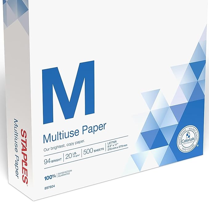Staples Multipurpose Copy Printer Paper, 20 lb, 8.5 x 11 Inches, 1 Ream, 94 Bright, White