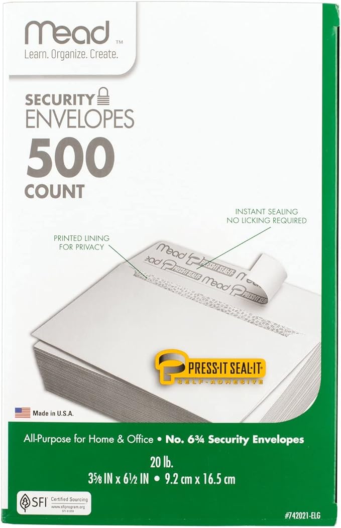 Mead #6-3/4 Envelopes, 3-5/8" x 6-1/2", Security Printed Lining for Privacy, Press-It Seal-It Self Adhesive Closure, White All-Purpose 20-lb Paper Mailing Envelopes, 500 Count (742021)