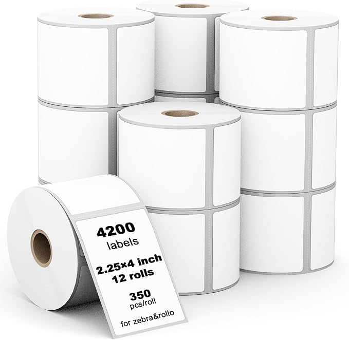 4200 Pcs Labelebal 3-Proof 1" Core 12 Rolls 2-1/4" x 4" Direct Thermal Label Multipurpose Shipping Address Mailing Barcodes Labels Compatible for Zebra 2844 & Rollo Desktop Label Printer