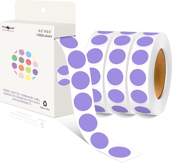 PARLAIM 1/2 Inch Round Permanent Adhesive Color-Code Dot Stickers, 4000 Stickers, 4 Roll Dispenser Box Lavender Circle Labels