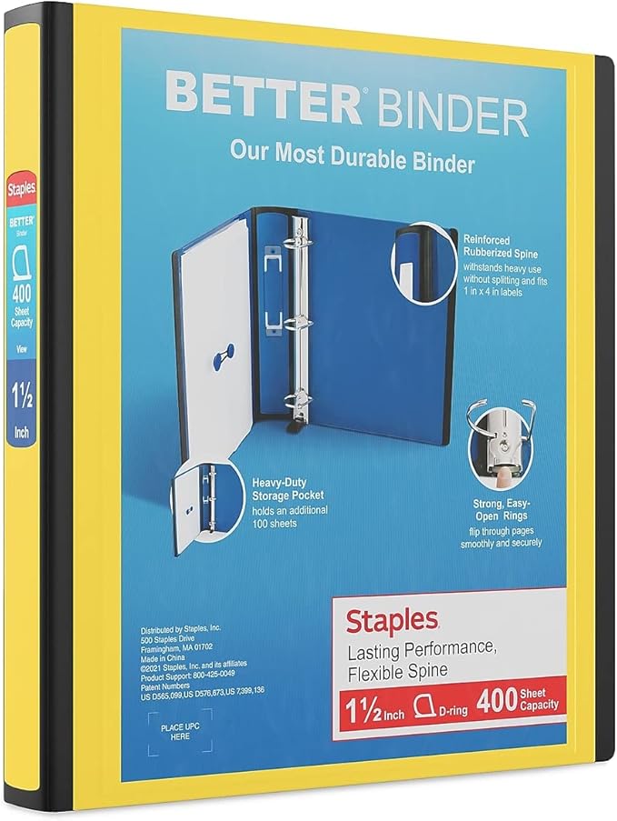 Staples Better Binder 1.5-Inch D-Ring View Binder, Reinforced Spine, Holds Up to 350 Sheets, Yellow, for Office & School