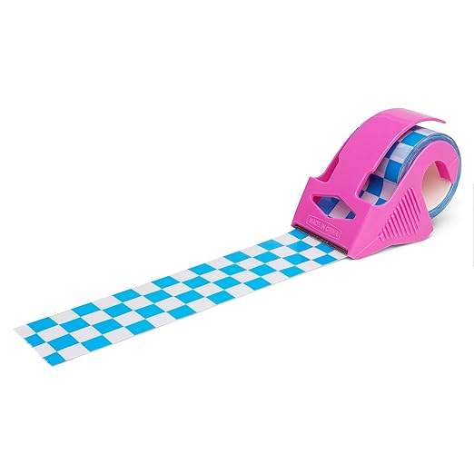 Decorative Packing Tape with Pink Dispenser – Checkered Cream & Blue, 1.88" x 22.2 Yards – Cute Printed Shipping Tape for Gifts, Small Business Essentials, and Mailers