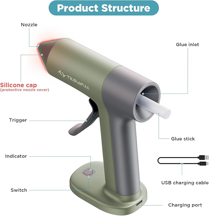 Tilswall 4V Glue Gun, Hot Glue Gun Cordless with Rapid 30s Preheat, 2000mAh Type-C Rechargeable, and 20 Glue Sticks, Anti-drip Nozzle, Auto Shut-Off, Ideal for Crafting - Green