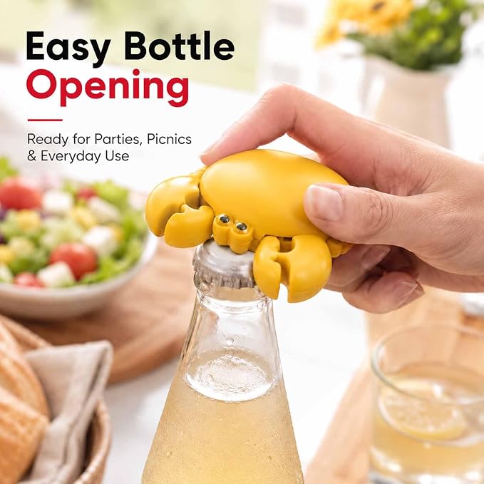 Crab-Shaped 4-in-1 Multi Tool Opener, Magnetic Fridge Magnet, Beer Bottle Opener, Retractable Box Cutter & Mini Scissors, Compact Kitchen Gadget for Home Office (yellow)