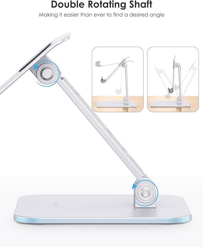 OMOTON T5 Upgraded Adjustable Tablet Stand for iPad Holder, Heavy Duty Portable Monitor Stand, Travel Essentials for iPad Pro/Air/Mini, Surface Pro 4.7''-13'', Silver
