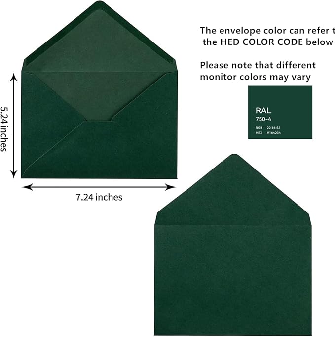 100 Pieces A7 Self-Seal Envelopes Colorful 5x7 Envelopes for Greeting Cards, Birthday, Weddings, Baby Shower Invitation Cards (5.24 x 7.24 Inches, Dark Green)
