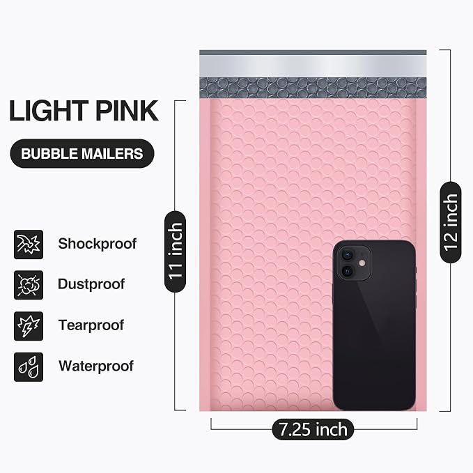 UCGOU Bubble Mailers 7.25x12" 40 Pack Usable Size 7.25x11" Light Pink | Waterproof Self Seal Adhesive Medium Padded Envelopes for Small Business Bulk Bubble Wrap Mailers for Mailing Jewelry Makeup