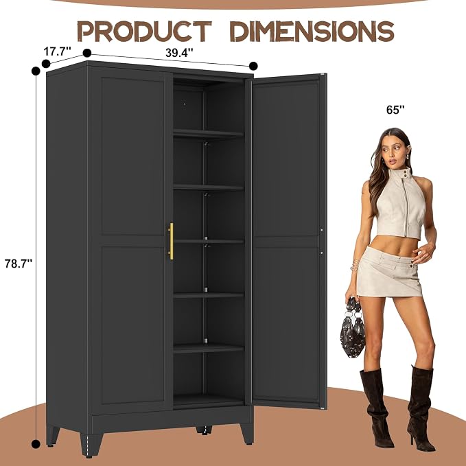 78.7" Tall Metal Pantry Cabinet, Freestanding Kitchen Storage Cabinet | with 2 Doors and 5 Adjustable Shelves, Versatile Storage Cupboard for Kitchen, Laundry, Dining & Utility Room, Black