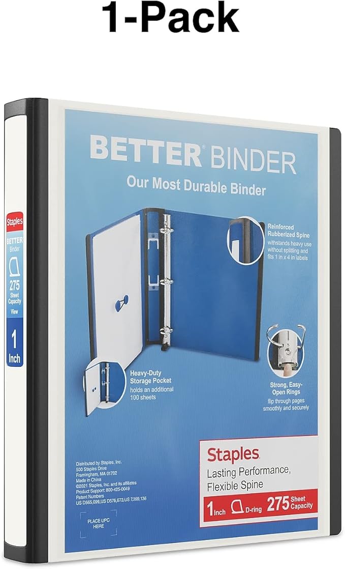 Staples Heavy-Duty 1-Inch D-Ring Binder, White – Large View 3-Ring Binder, Holds Up to 275 Sheets for School & Office